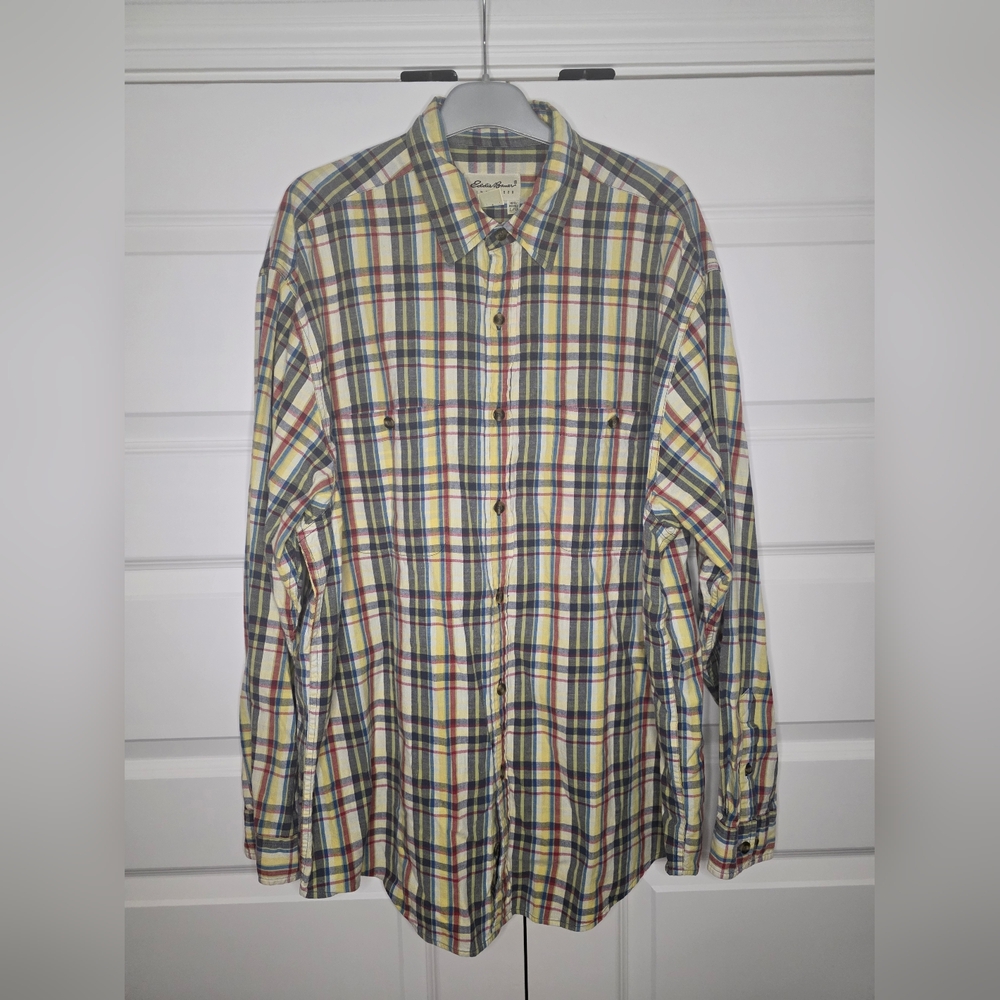 Eddie Bauer Mens Large Long Sleeve Button Up Plaid Yellow, Red, Blue